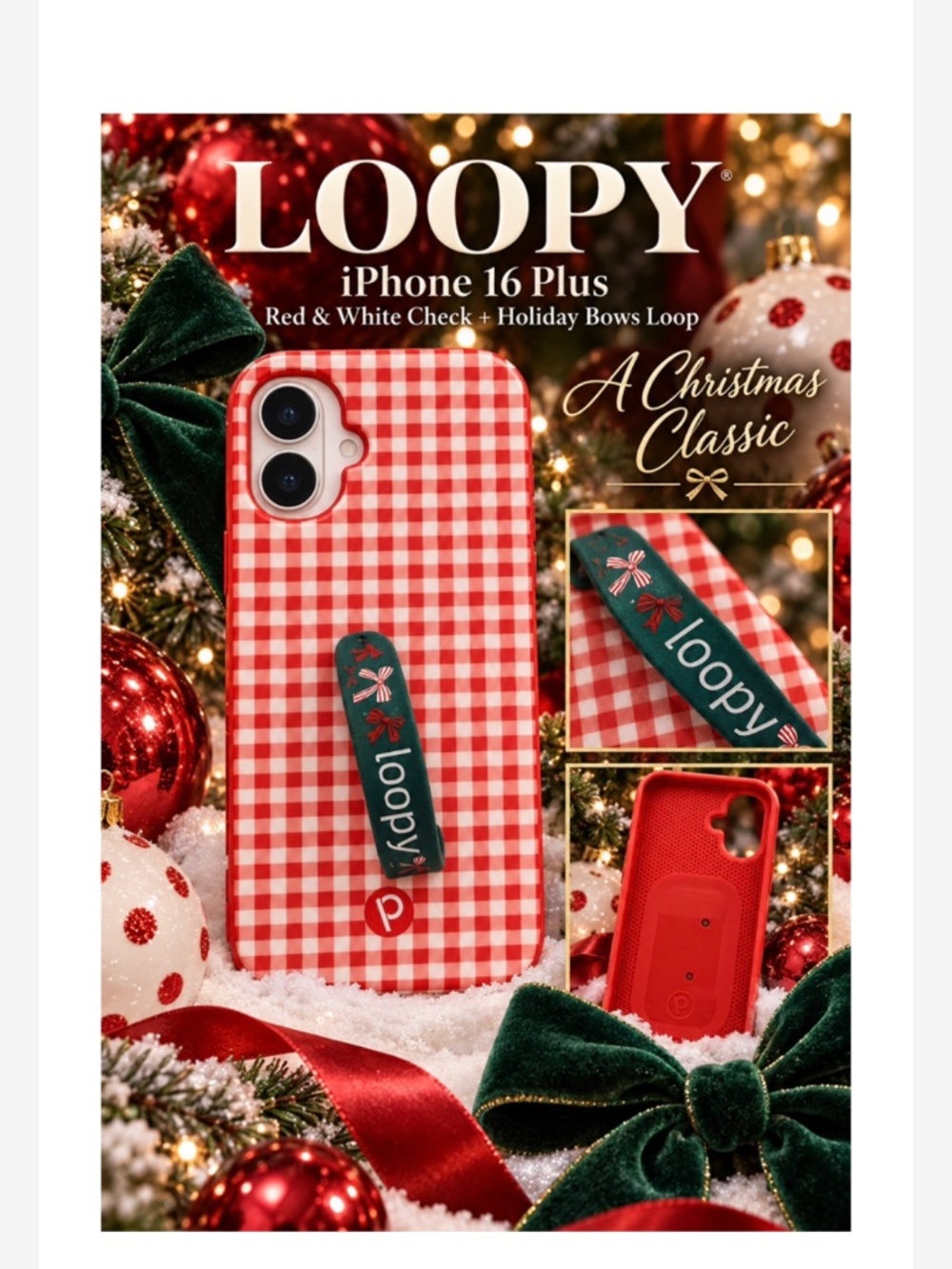 Loopy iPhone 16 Plus Red and White Checked + Holiday Bows Loop